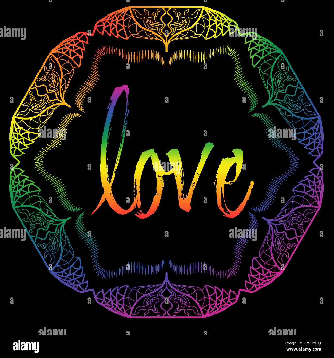 AMOR Mandala dibujado a mano con colores arcoiris para el festival de orgullo gay, LGBTQ con fondo negro y tema brillante. Foto de stock