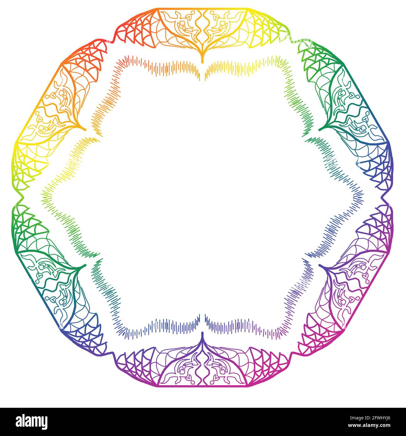 Marco dibujado a mano de diseño de mandala con arco iris, colores de orgullo sobre fondo blanco para enmarcar, enmarcado. Foto de stock