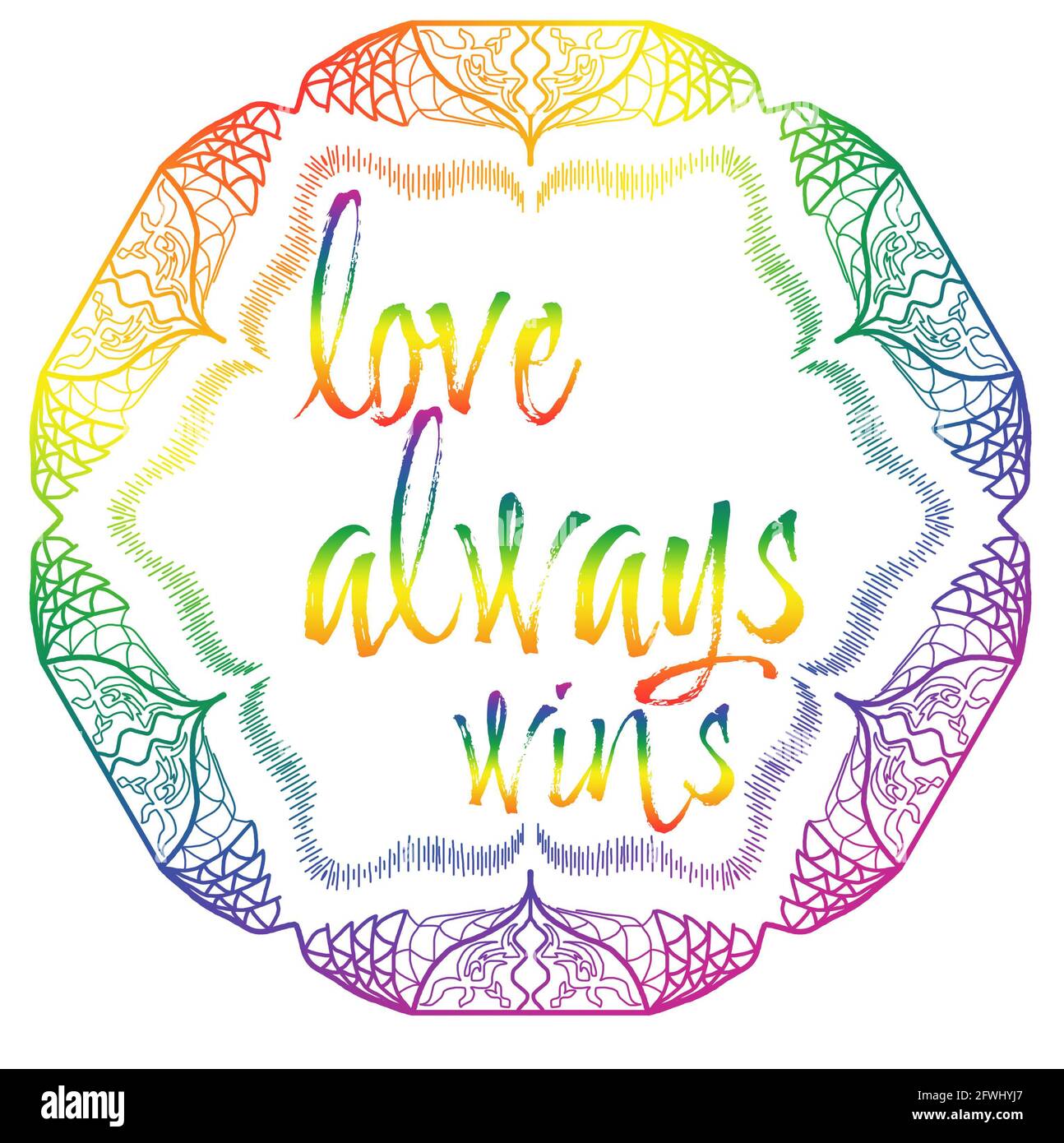 EL AMOR siempre gana Mandala dibujado a mano con colores arcoiris para el festival del orgullo gay, LGBTQ con fondo blanco y tema brillante. Foto de stock