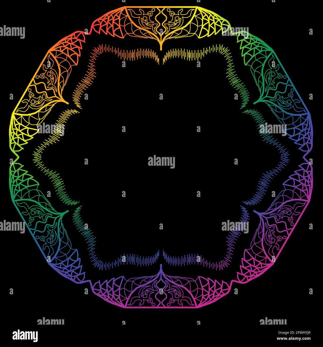 Marco dibujado a mano de diseño de mandala con arco iris, colores de orgullo sobre fondo negro para enmarcar, enmarcado. Foto de stock