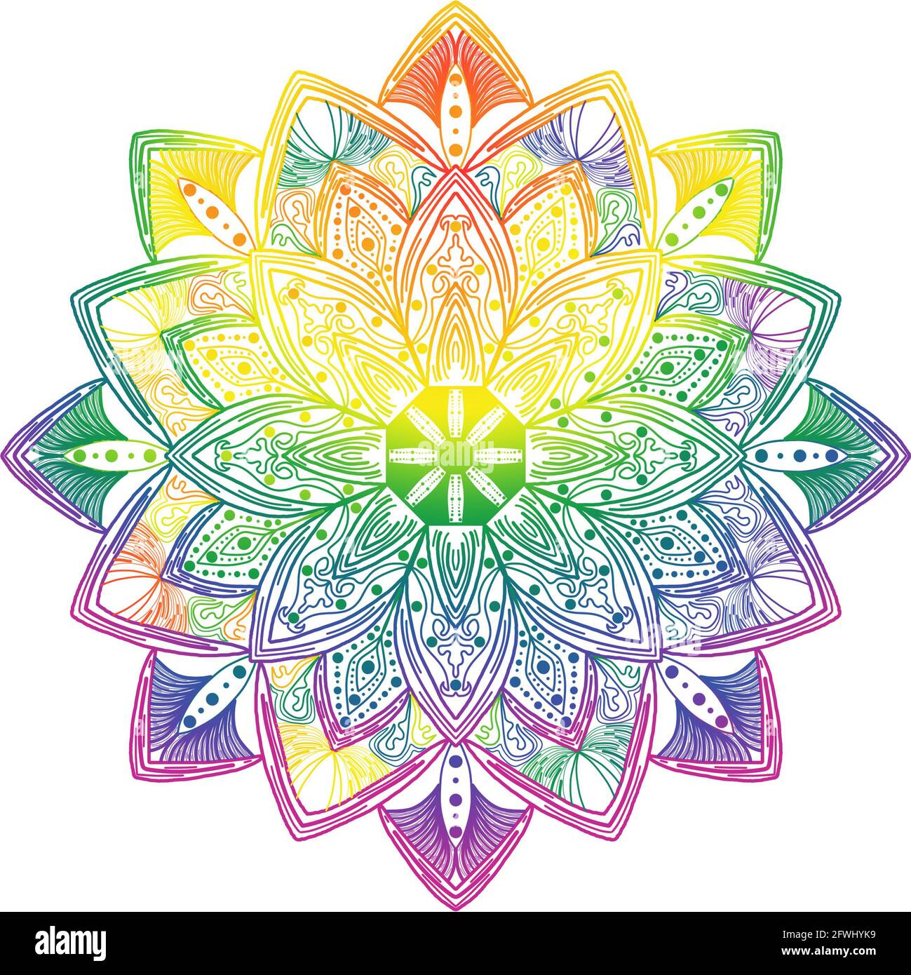 Diseño de mandala dibujado a mano con colores de orgullo arcoiris sobre fondo blanco. Ideal para festivales, fondos de pantalla, escritorio. Foto de stock