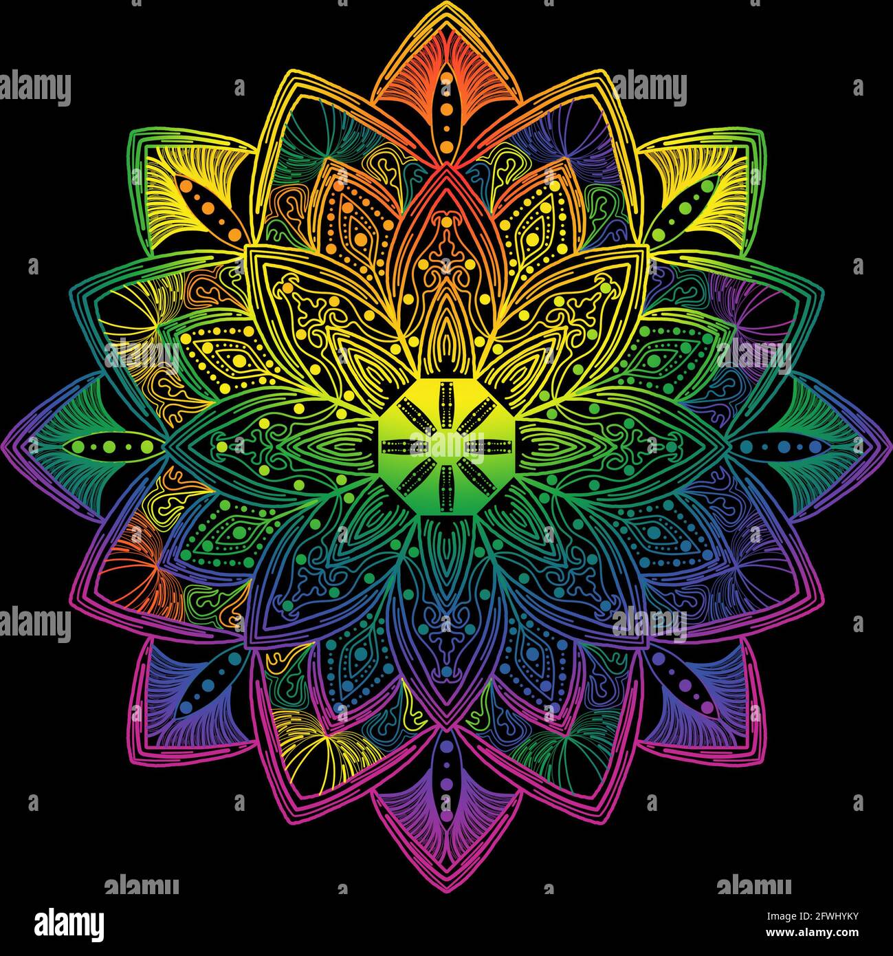 Diseño de mandala dibujado a mano con colores de orgullo arcoiris sobre fondo negro. Ideal para festivales, fondos de pantalla, escritorio. Foto de stock