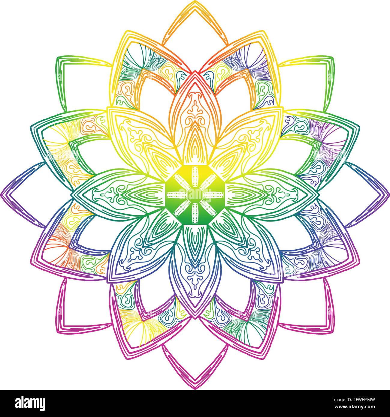 Diseño de mandala dibujado a mano con colores de orgullo arcoiris sobre fondo blanco. Ideal para festivales, fondos de pantalla, escritorio. Foto de stock