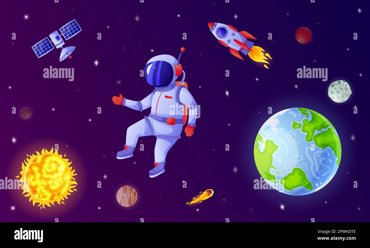 Astronauta en el espacio. Cosmonauta volando en el espacio exterior con  cohete, satélite, planetas, estrellas. Astronauta en la ilustración de  vectores de dibujos animados de la pizarra espacial. Carácter que descubre  el