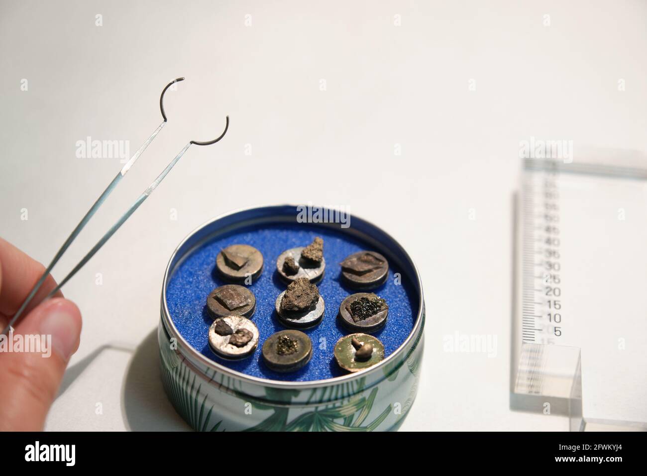 Exploración de muestras de microscopio electrónico en soportes para muestras,  pinzas y una regla. PIN SEM para analizar Fotografía de stock - Alamy