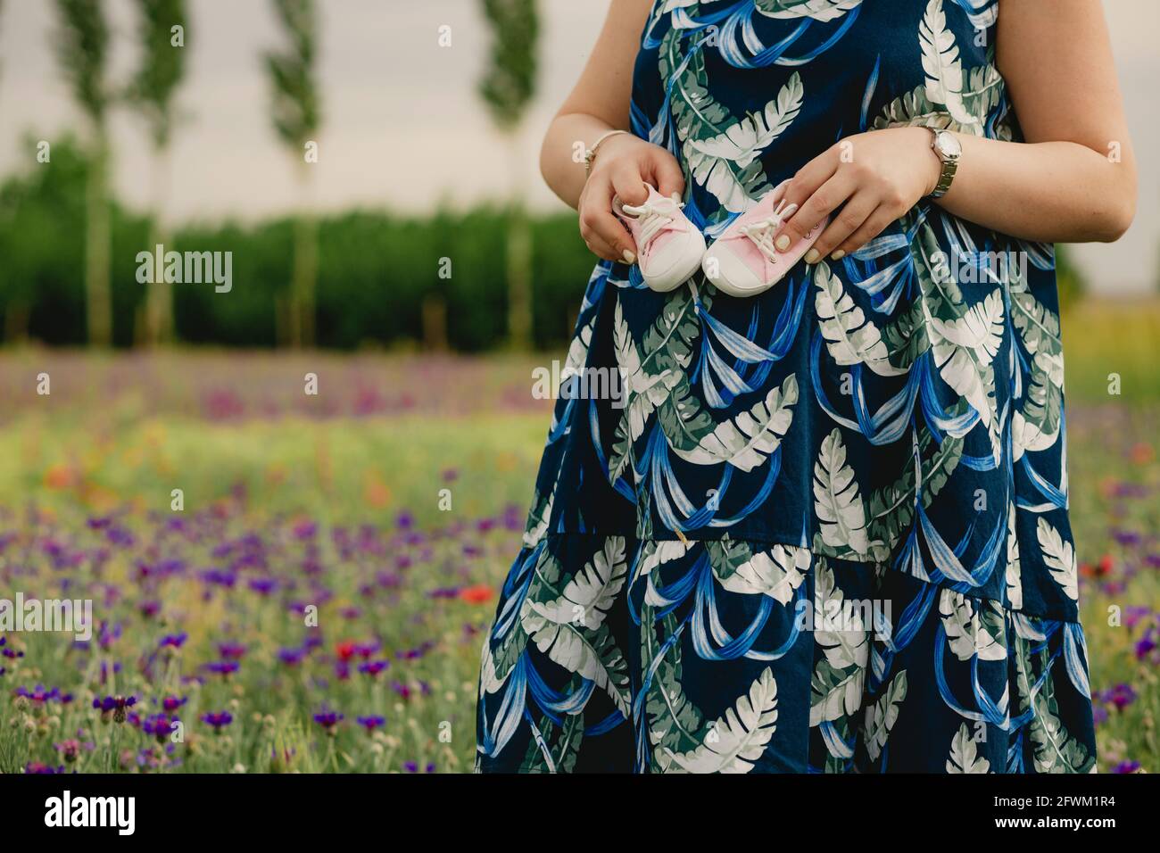 Primer plano de la mujer embarazada que disfruta de la maternidad futura  que la sostiene zapatos para bebé y de pie en el campo Fotografía de stock  - Alamy