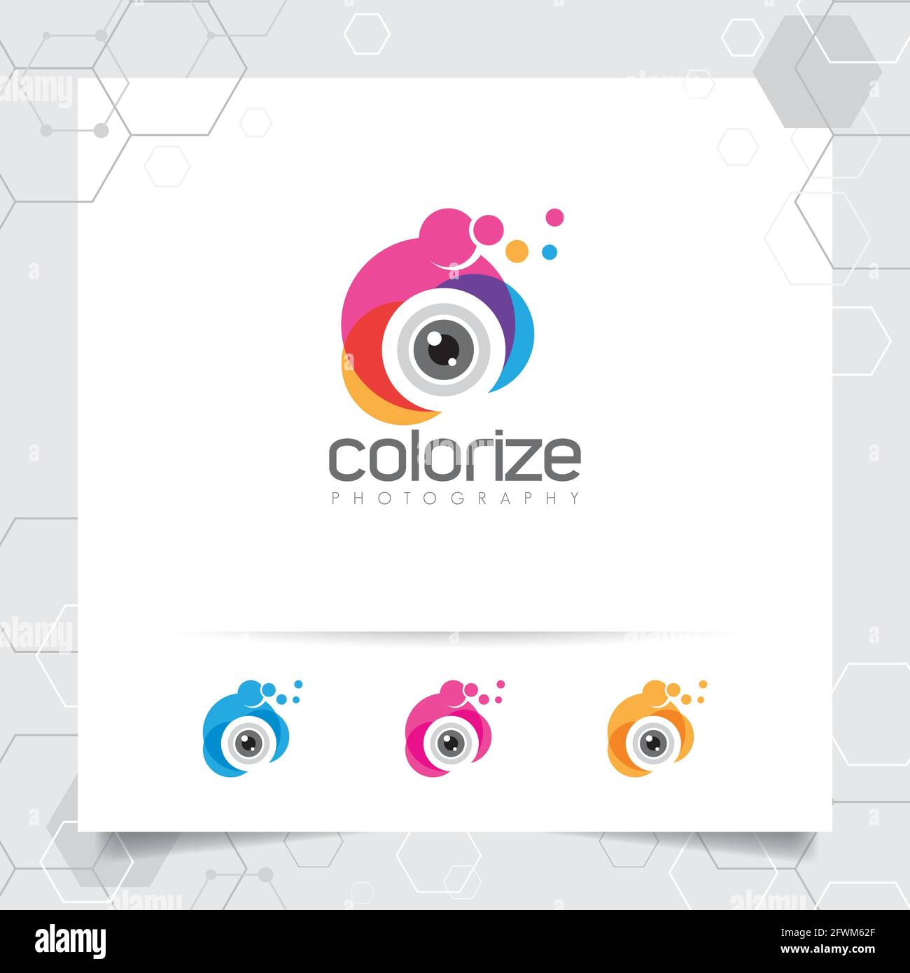Diseño de logotipo de fotografía y fotografía con concepto de colorido vector de icono de lente de cámara para fotografía de fotógrafo, estudio y boda. Ilustración del Vector