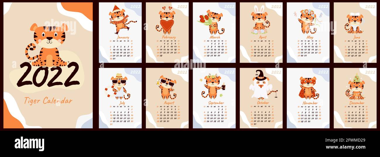 Plantilla de diseño de calendario mural para el 2022 de junio, año del  Tigre según el calendario chino o oriental. Carácter animal. Ilustración  vectorial. Semana s Imagen Vector de stock - Alamy