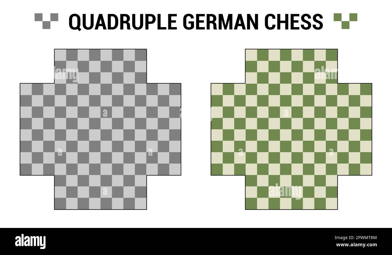 Ajedrez cuádruple alemán o europeo. Dos tableros para 4 jugadores de ajedrez  con diferentes combinaciones de colores. Plantilla de tablas vectoriales.  Vista de conjunto de tablero de ajedrez desde Imagen Vector de