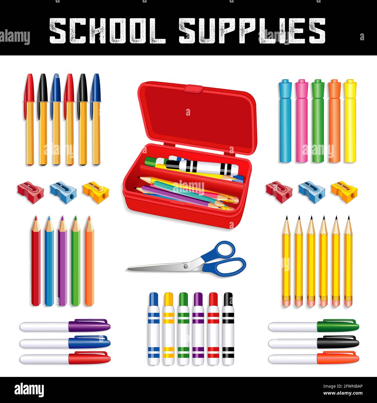 Material escolar, caja de lápiz, bolígrafos, marcadores, afilas,  rotuladores, lápices, sacapuntas, tijeras, aislados sobre fondo blanco  Fotografía de stock - Alamy