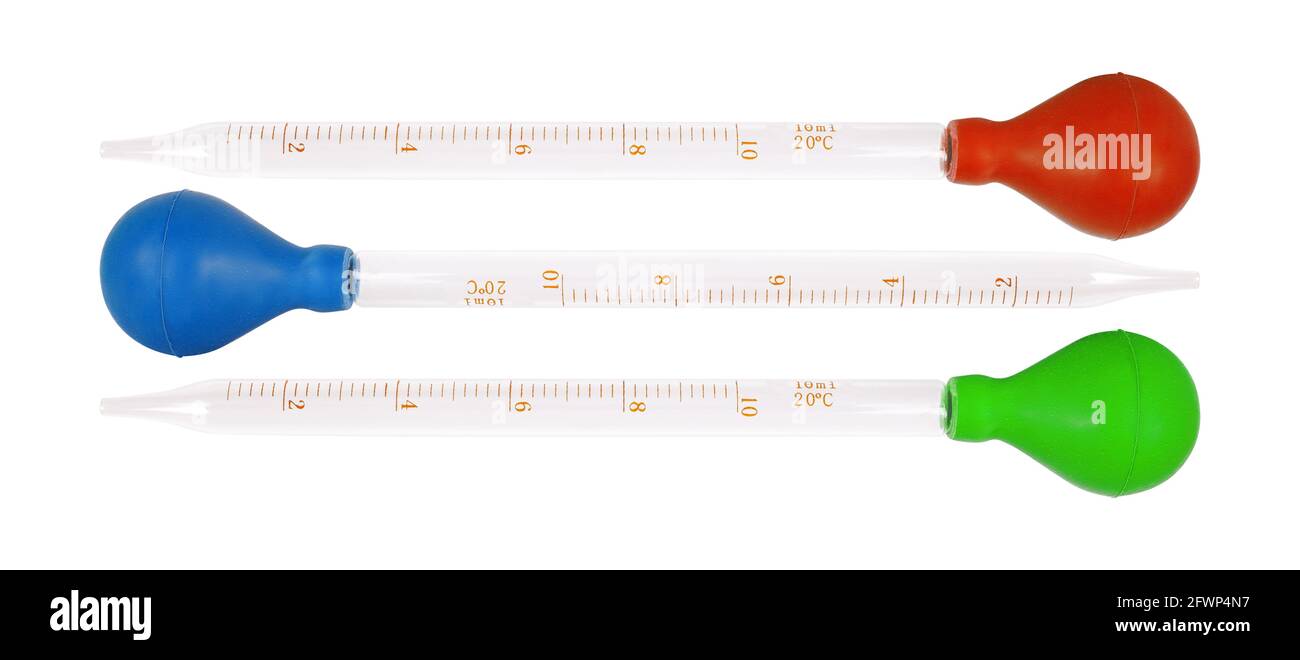 Medicina - Pipeta de vidrio transparente naranja, verde y azul con bulbo de  goma química de laboratorio gotero dispensador de fondo blanco aislado  Fotografía de stock - Alamy