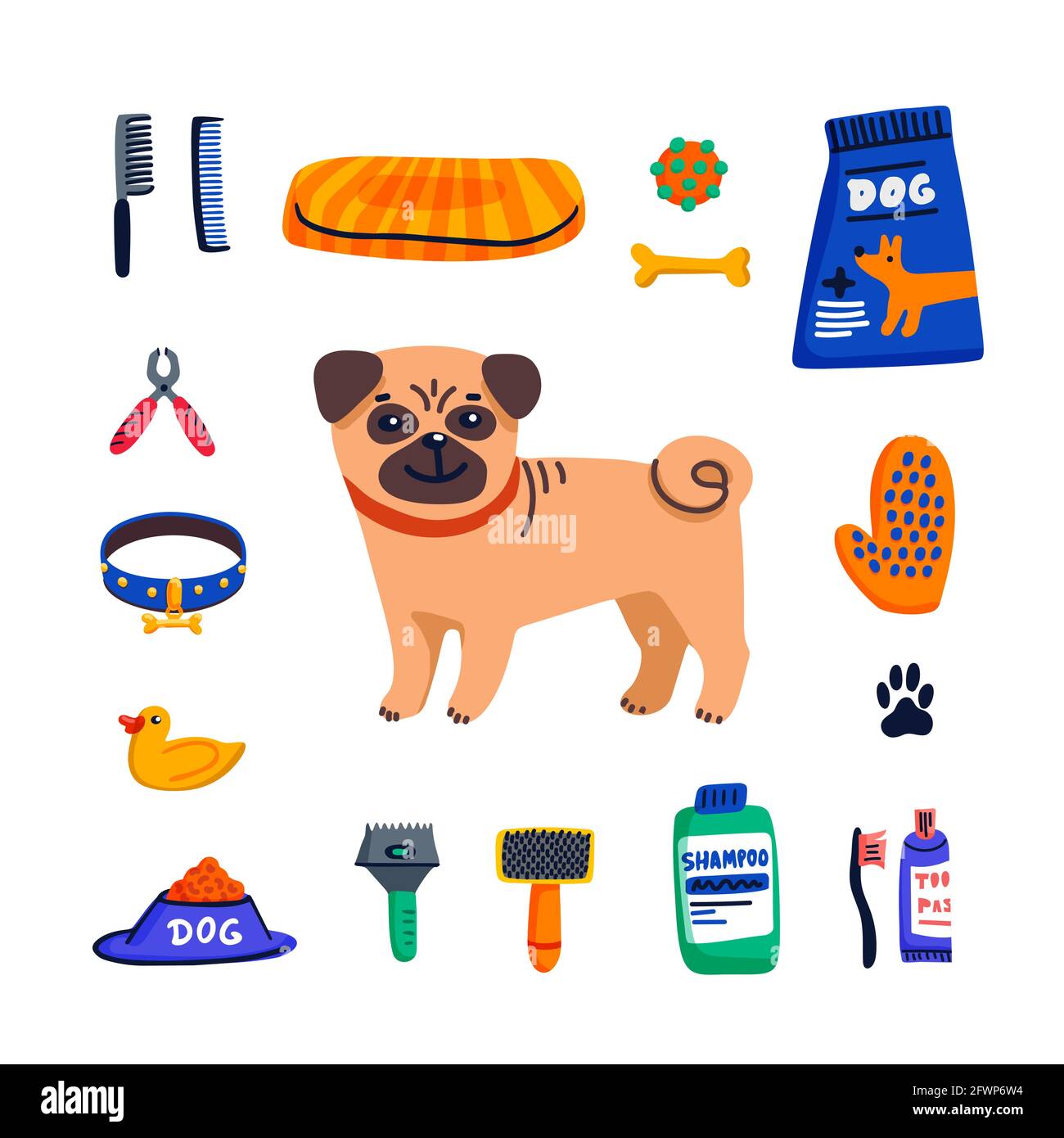 Concepto de cuidado de mascotas. Cute Pug y artículos para el cuidado del  perro sobre fondo blanco. Cuidado de perros, aseo, higiene, salud. Tienda  de mascotas, accesorios. Vector de estilo plano Imagen