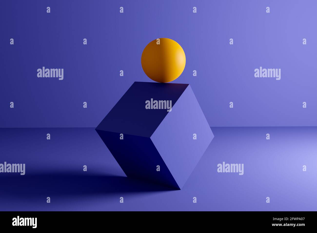 Esfera amarilla o bola balanceada en el borde de una forma geométrica de cubo sobre fondo azul. Resumen 3D ilustración de fondo. Foto de stock