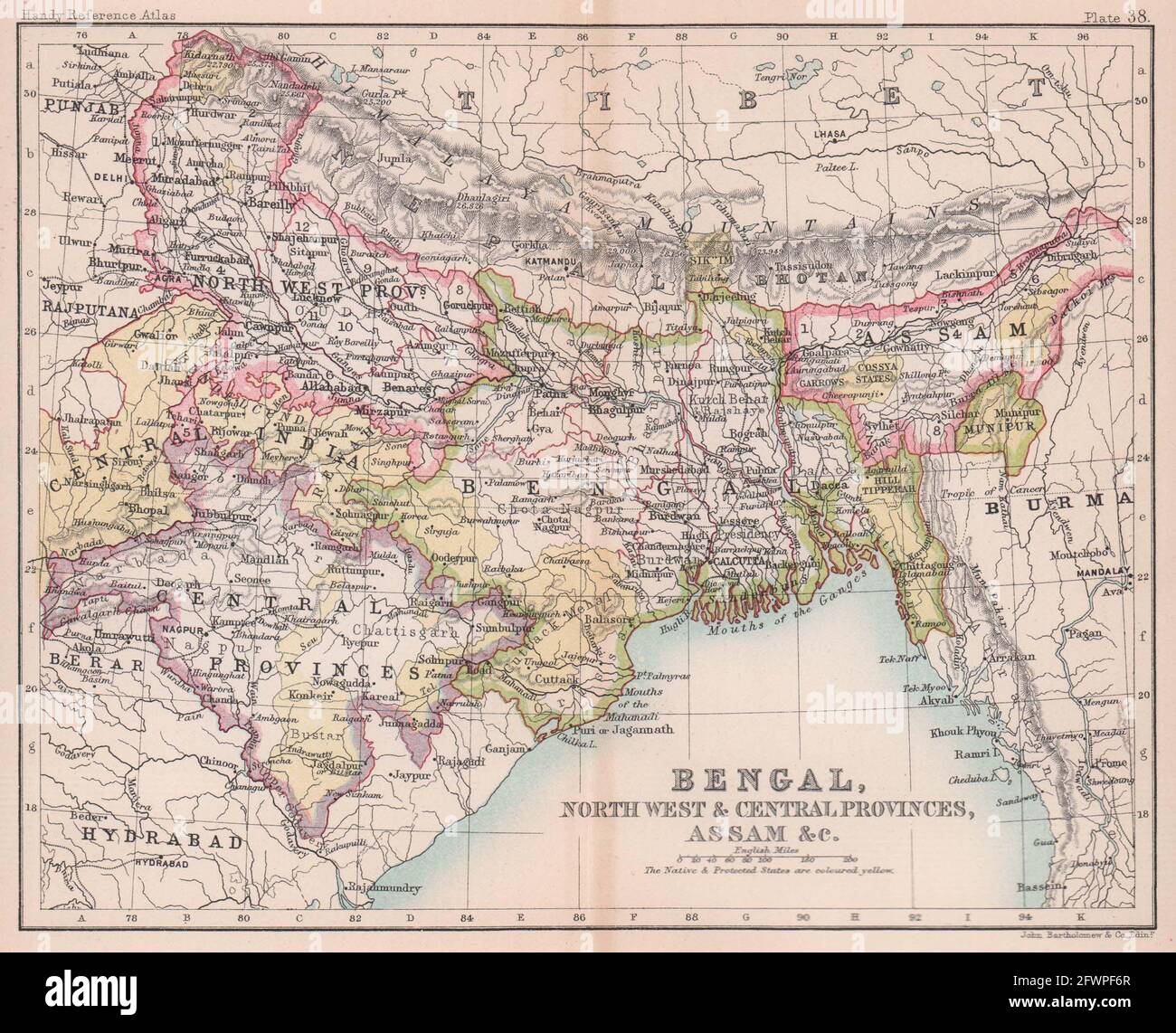 India Británica Bengala Oriental Provincias Noroeste Central Assam BARTHOLOMEW mapa