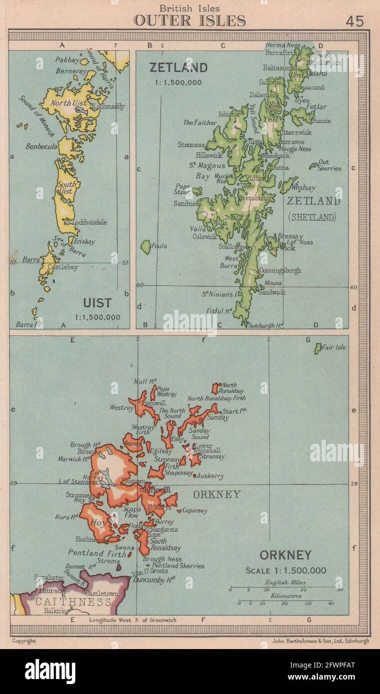 Islas exteriores de Escocia. Uist Zetland/Shetland Orkney. BARTOLOMÉ 1949 mapa antiguo Foto de stock