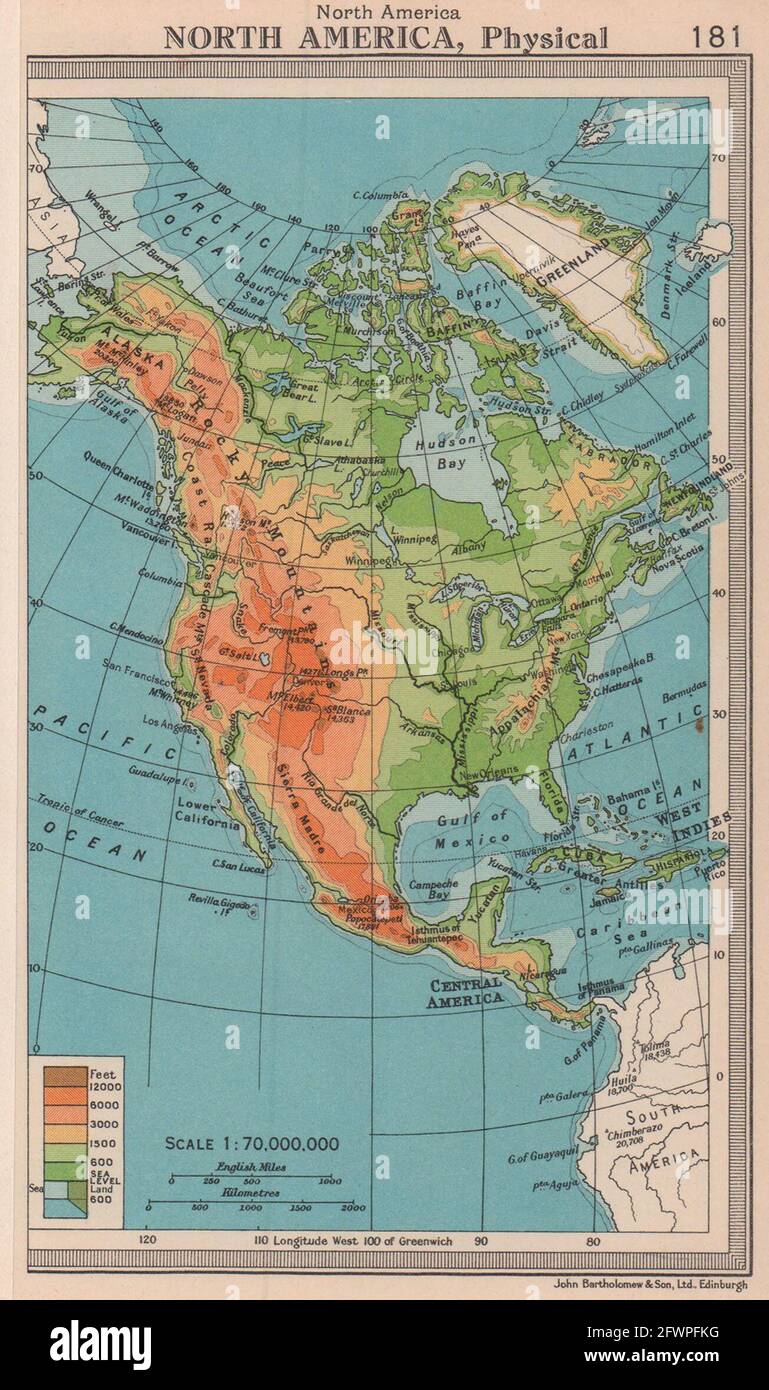 Física en América del Norte. BARTOLOMÉ 1949 antiguo mapa de la cosecha Foto de stock