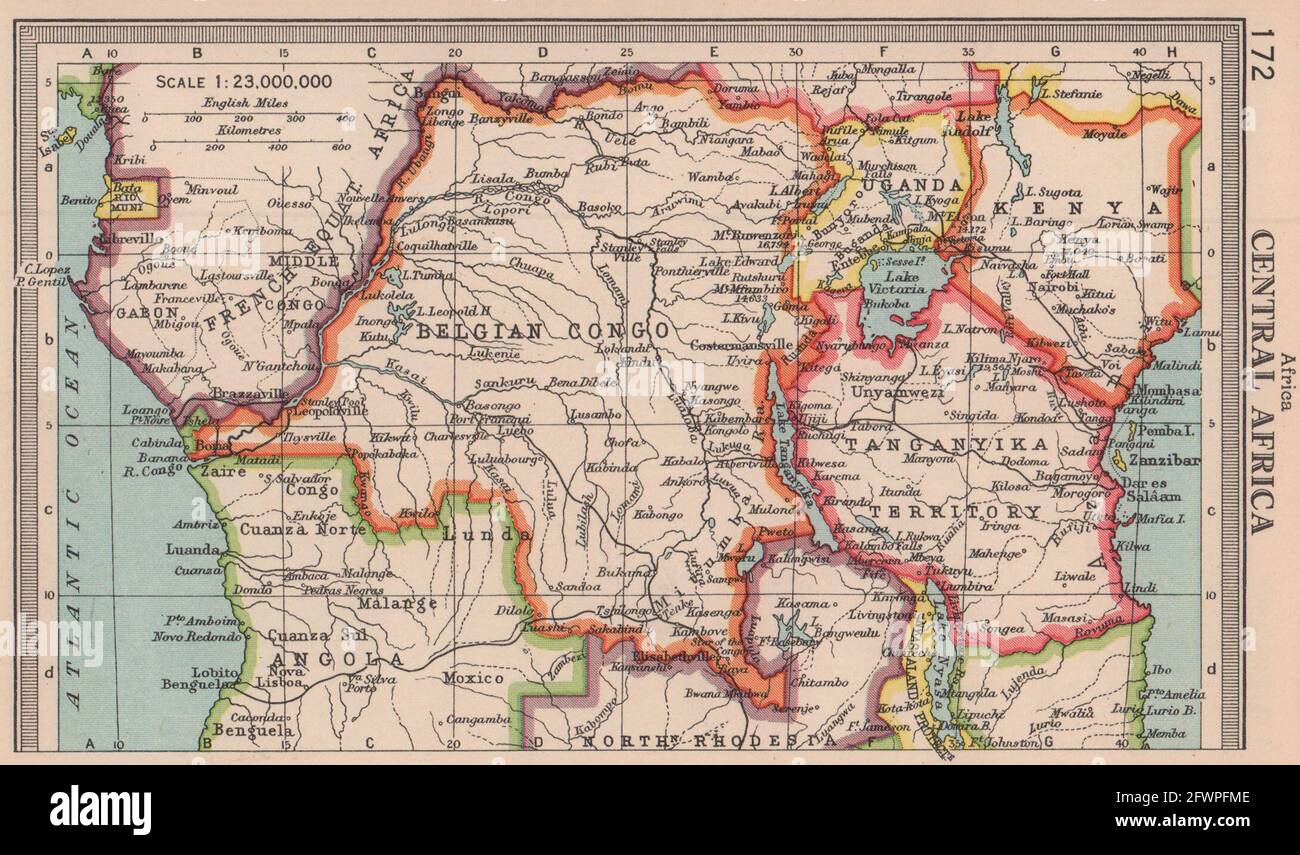 África Central. Congo Belga Tanganyika Kenia Tanzania Río Muni 1949 mapa antiguo Fotografía de