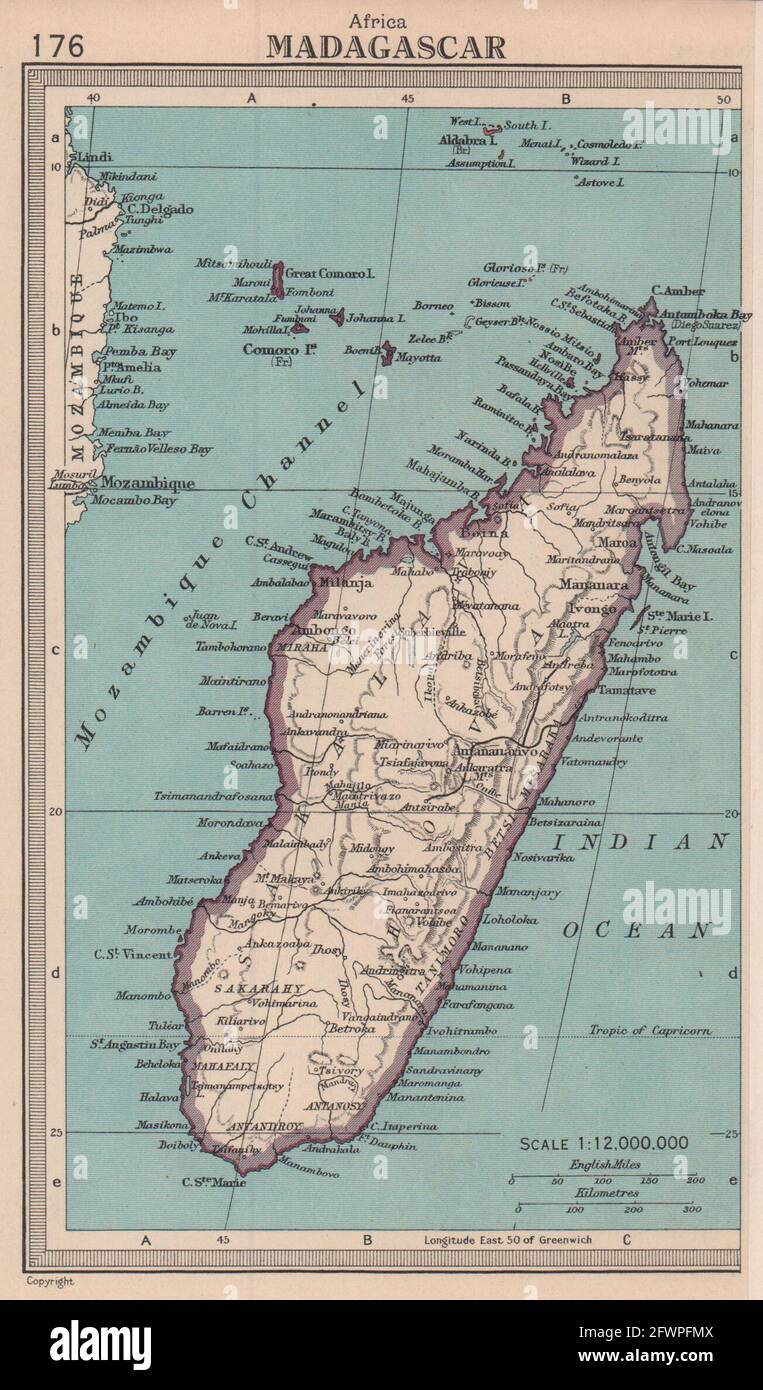 Madagascar. BARTOLOMÉ 1949 antiguo mapa de la cosecha Foto de stock