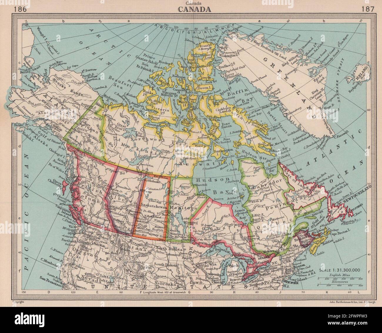 Canadá en provincias y territorios. BARTOLOMÉ 1949 antiguo mapa de la cosecha Foto de stock