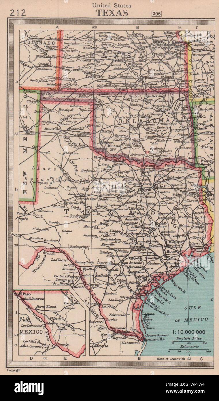 Mapas del estado de Texas y Oklahoma. BARTHOLOMEW 1949 vieja carta de plan vintage Foto de stock