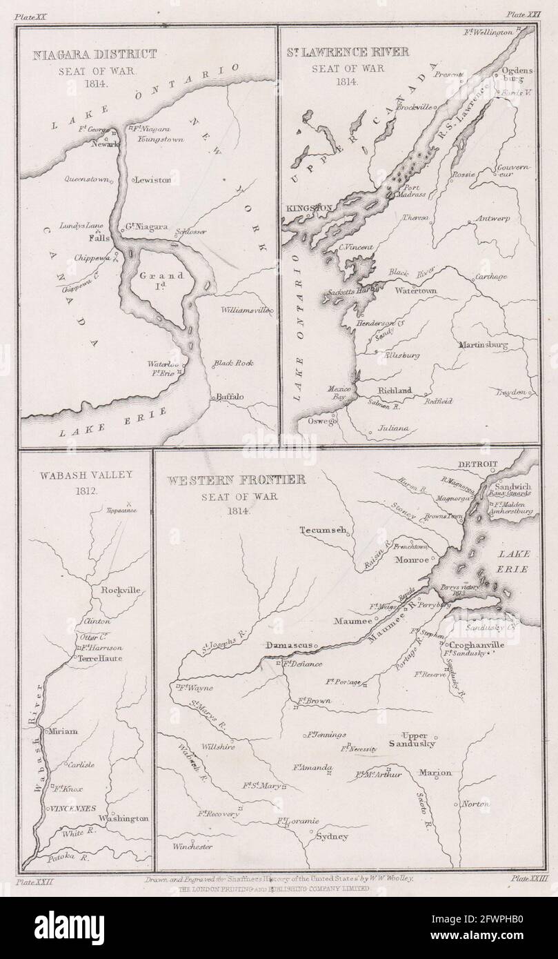 Guerra de 1812. Niagara, Lake Erie, St. Lawrence 1814. Mapa de Wabash Valley 1812 1863 Foto de stock