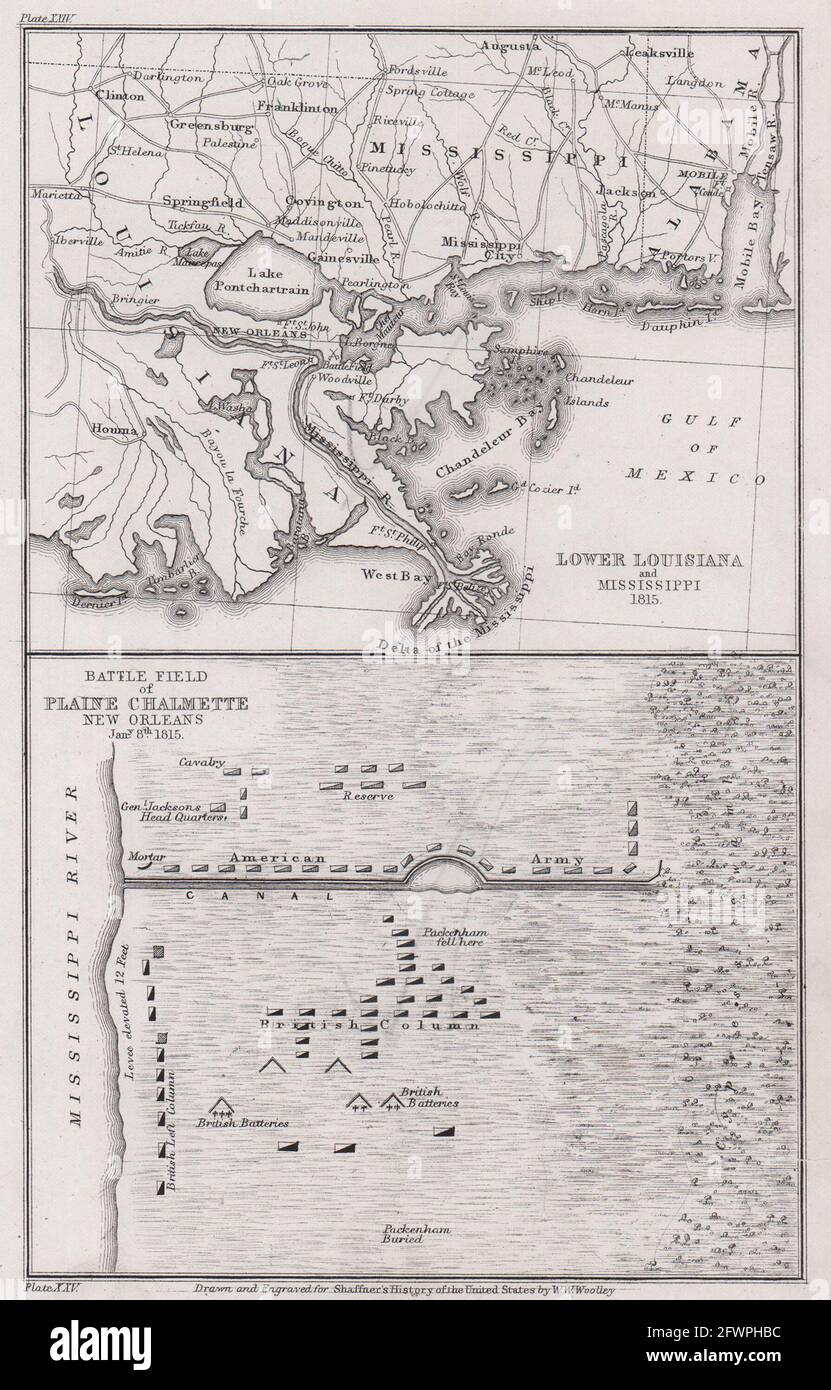 Guerra de 1812. Batalla de Nueva Orleans 1815. Louisiana Chalmette 1863 mapa antiguo Foto de stock