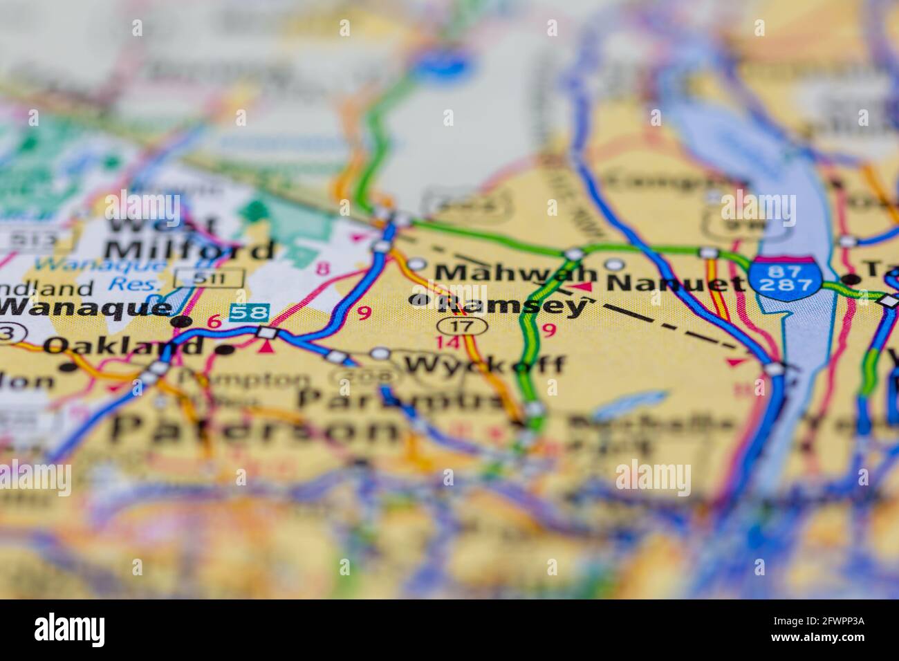 Ramsey New Jersey USA mostrado en un mapa geográfico o. hoja de ruta Foto de stock