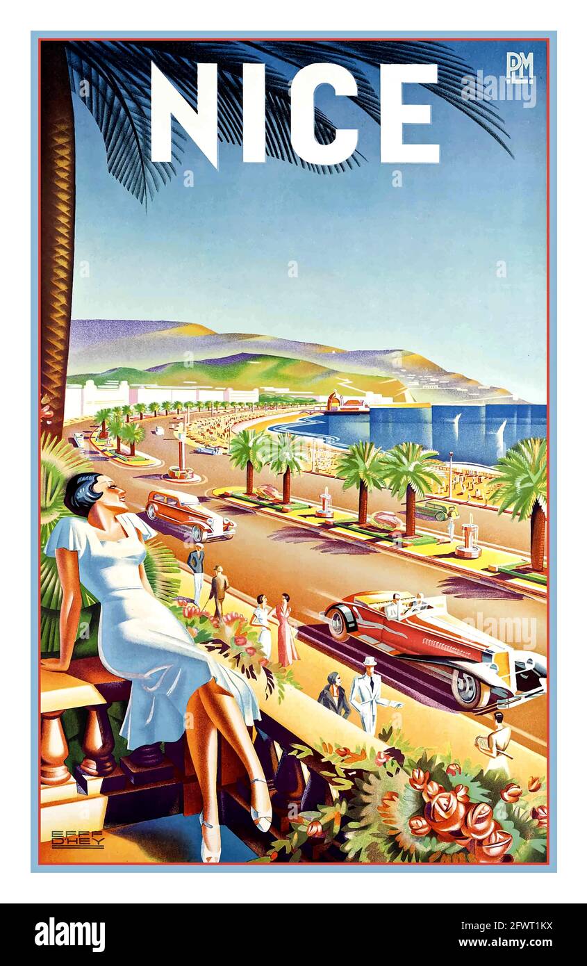 Nice France Vintage 1940's Travel Poster PLM French Rail Railway Playa del mar y palmeras Riviera Francesa Vintage Travel Advertisement Art Poster for Nice Cote d'Azur Sur de Francia - Niza - PLM (artista: D'Hey) Francia c. 1947 - Póster Vintage Art Deco Foto de stock