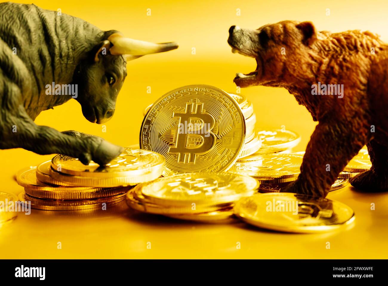 Pelea de osos y toros sobre bitcoins contra fondo dorado. Concepto de tendencia del mercado. Foto de stock