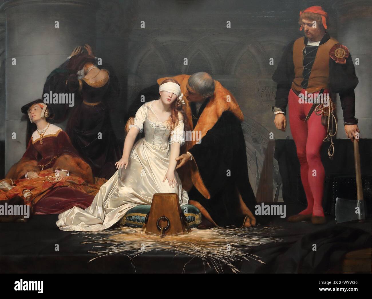 La ejecución de Lady Jane Gray por el pintor francés Paul Delaroche en la National Gallery, Londres, Reino Unido Foto de stock