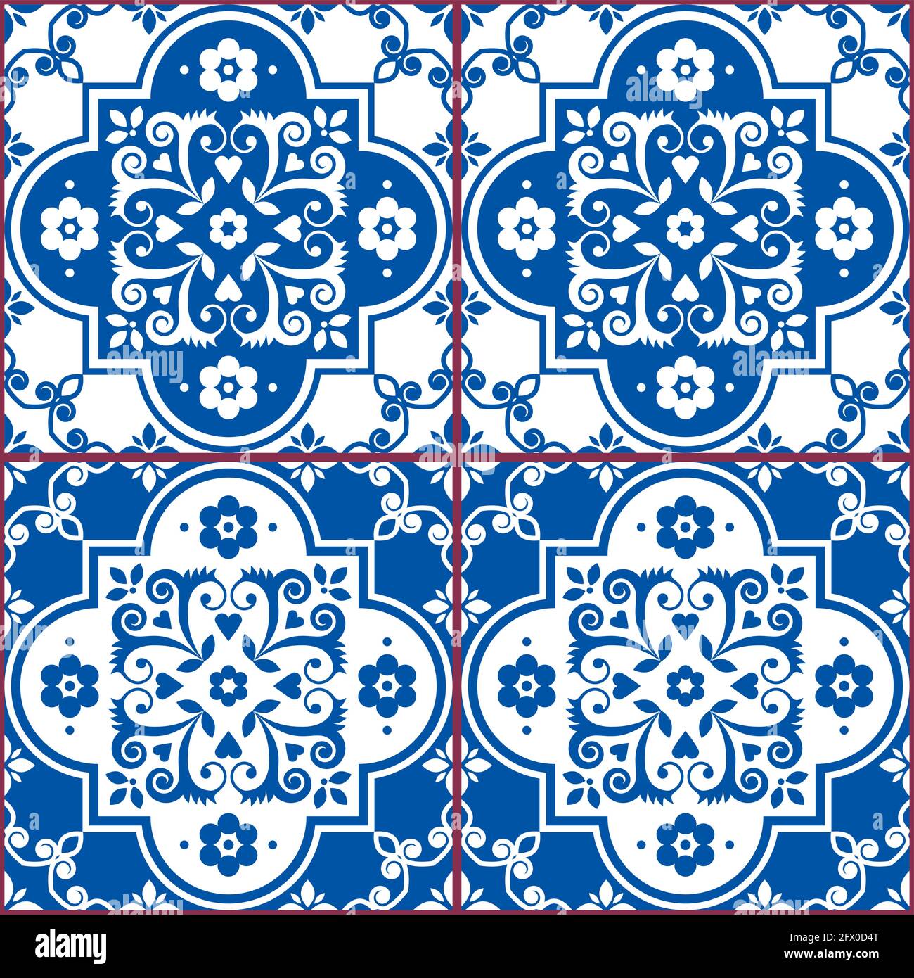 Azulejo azulejos sin costuras patrón vectorial en azul marino y blanco, diseño floral tradicional inspirado en el arte de azulejos de Lisboa, Portugal Ilustración del Vector