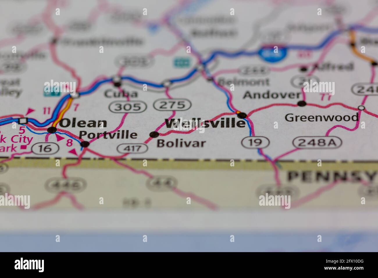 Wellsville New York USA aparece en un mapa geográfico o mapa de