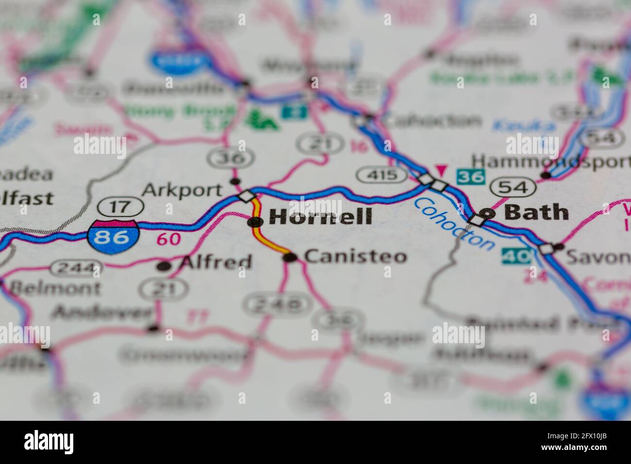 Hornell New York USA aparece en un mapa geográfico o mapa de carreteras