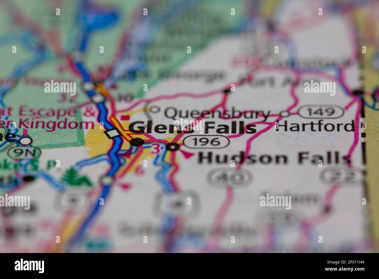 Glens Falls New York USA aparece en un mapa geográfico o mapa de carreteras Foto de stock