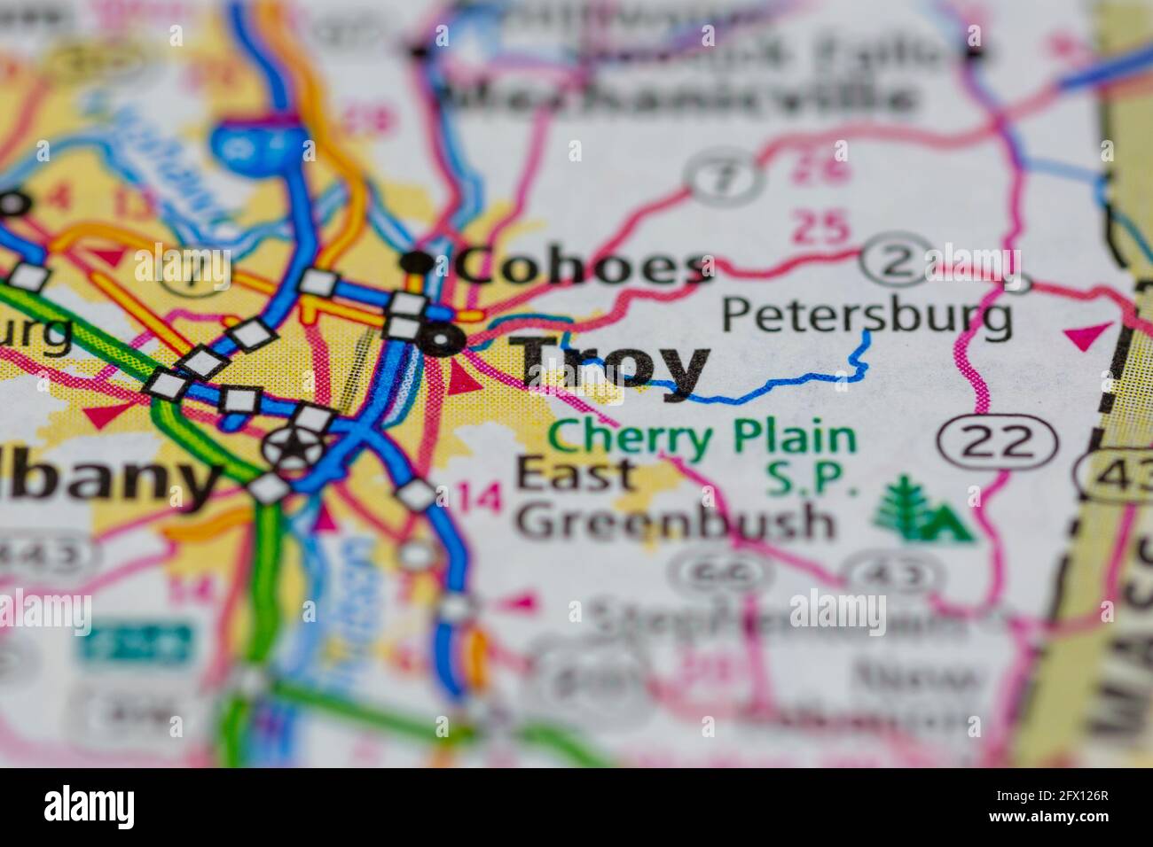 Troy New York USA se muestra en un mapa geográfico o mapa de carreteras