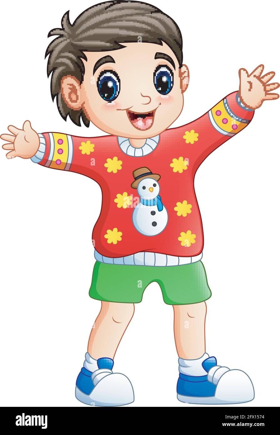Feliz niño dibujos animados con suéter de Navidad Imagen Vector de stock -  Alamy