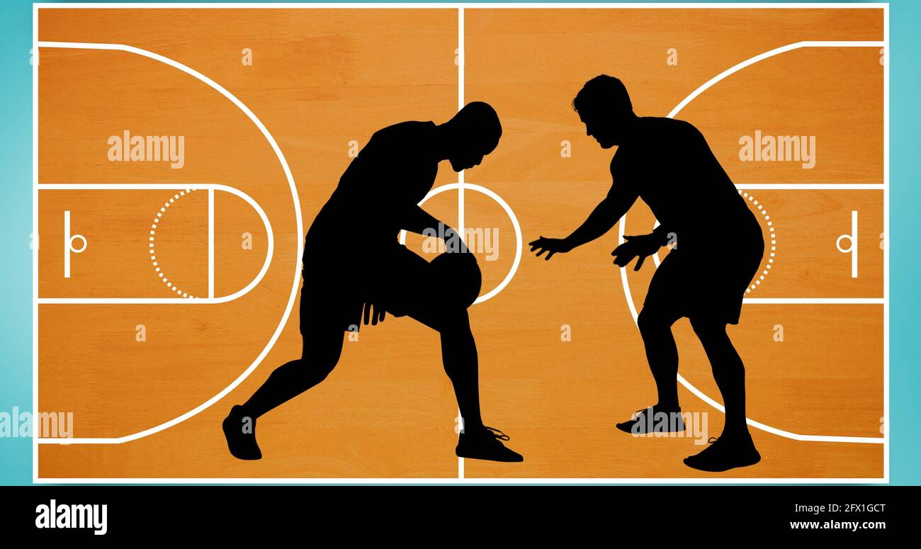 Composición de las siluetas de los jugadores de baloncesto sobre la cancha  de baloncesto Fotografía de stock - Alamy