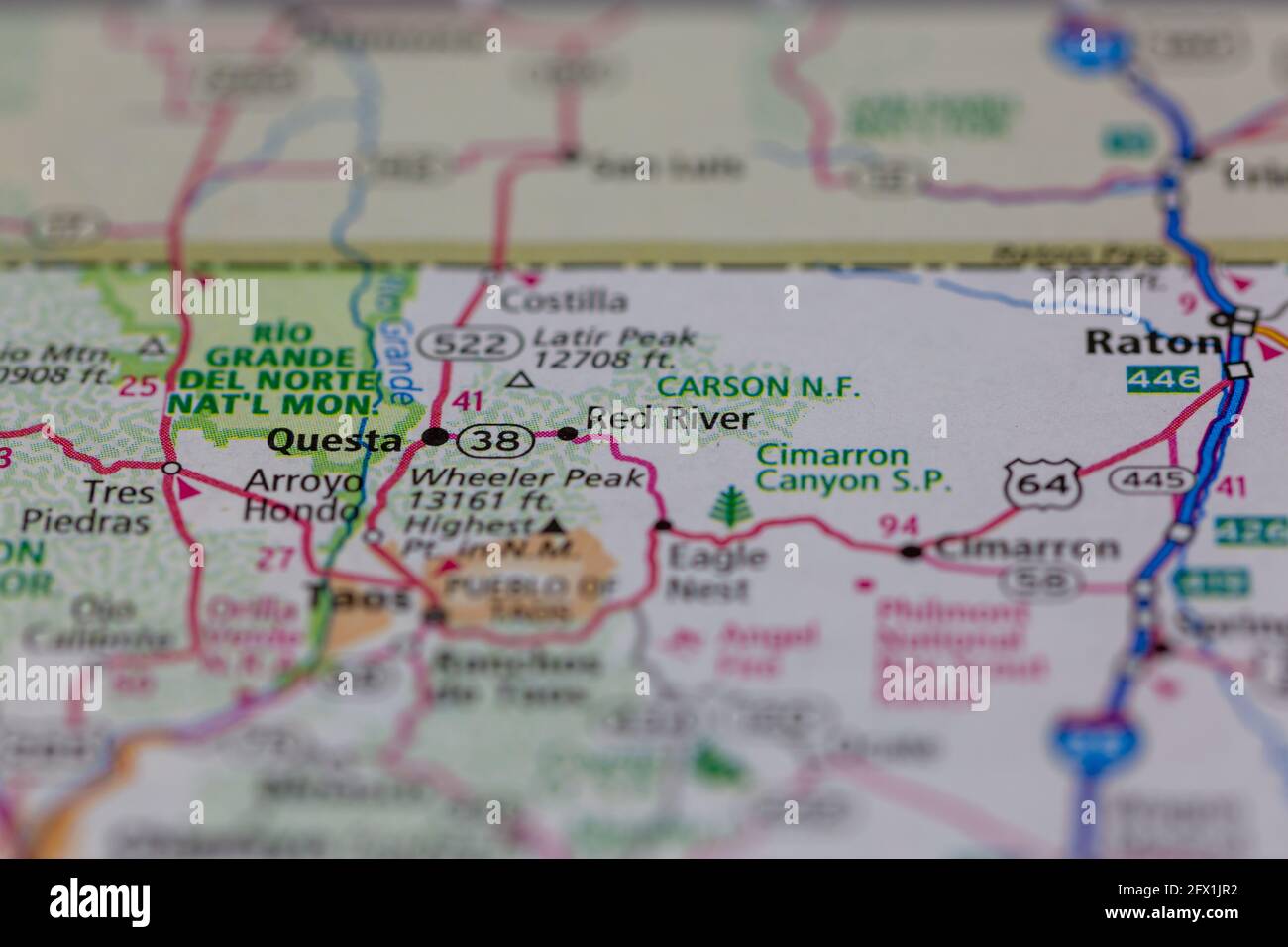 Red River New Mexico USA se muestra en un mapa geográfico o en un ma de carretera Foto de stock