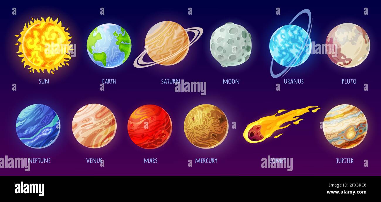Planeta del sistema solar. Planetas galaxia de dibujos animados, estrella,  cometa, sol, tierra, luna, mercurio. Universo de la ciencia de la  astronomía espacial para niños vector conjunto. Cuerpos espaciales  universales para la
