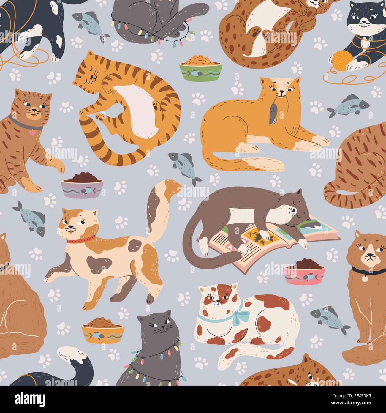 Diseño de gatos sin costuras. Lindo gato durmiendo, jugando con juguetes, sentado. Fondo animal de la mascota de la caricatura con textura vector de gatitos graciosa. Kitty con bola de hilo, ratón, durmiendo en libro Ilustración del Vector