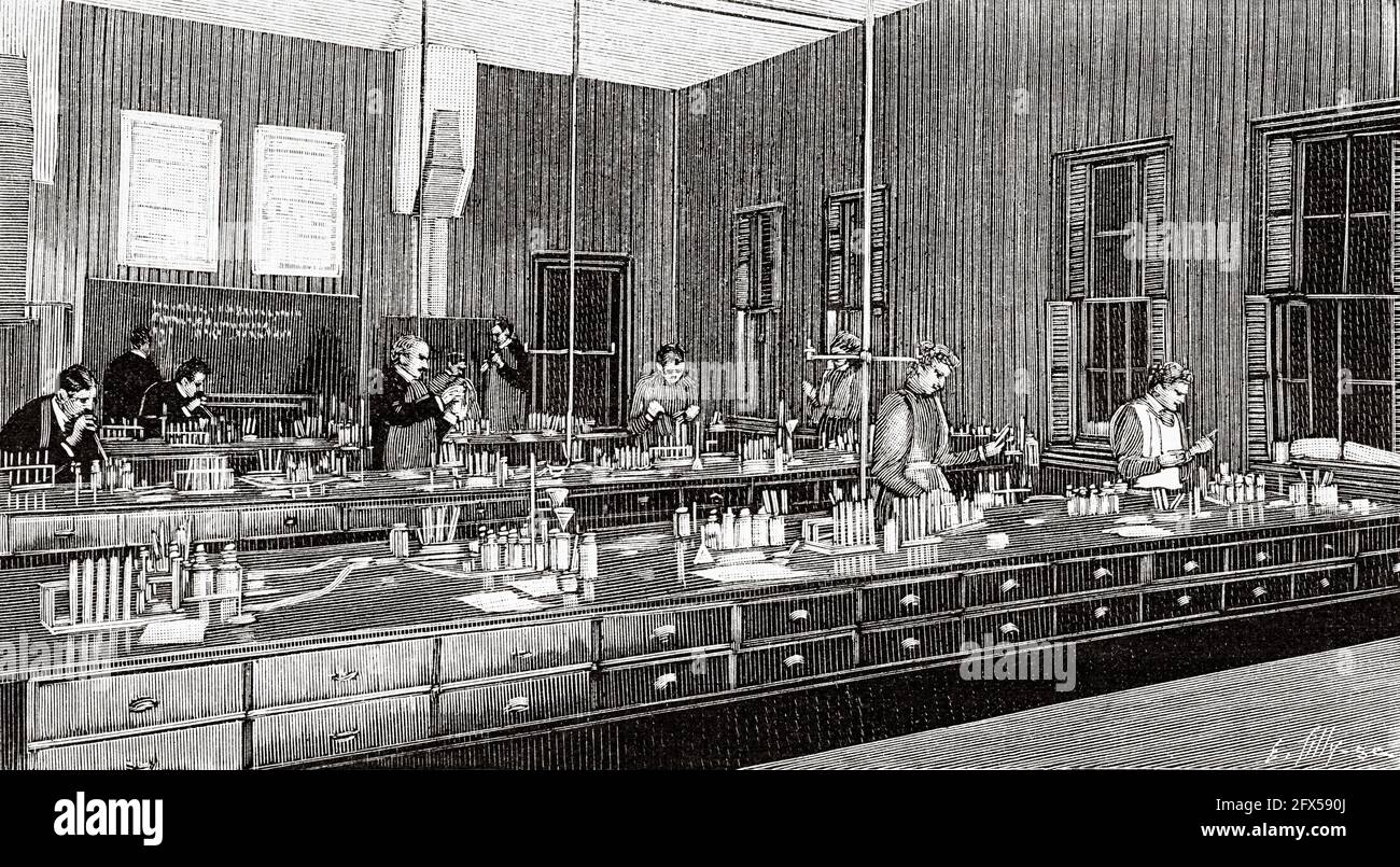 Enseñanza en los Estados Unidos A finales del siglo 19th, escuela de laboratorio de química Oswego, EE.UU. Antigua ilustración del siglo 19th grabada de La Nature 1893 Foto de stock