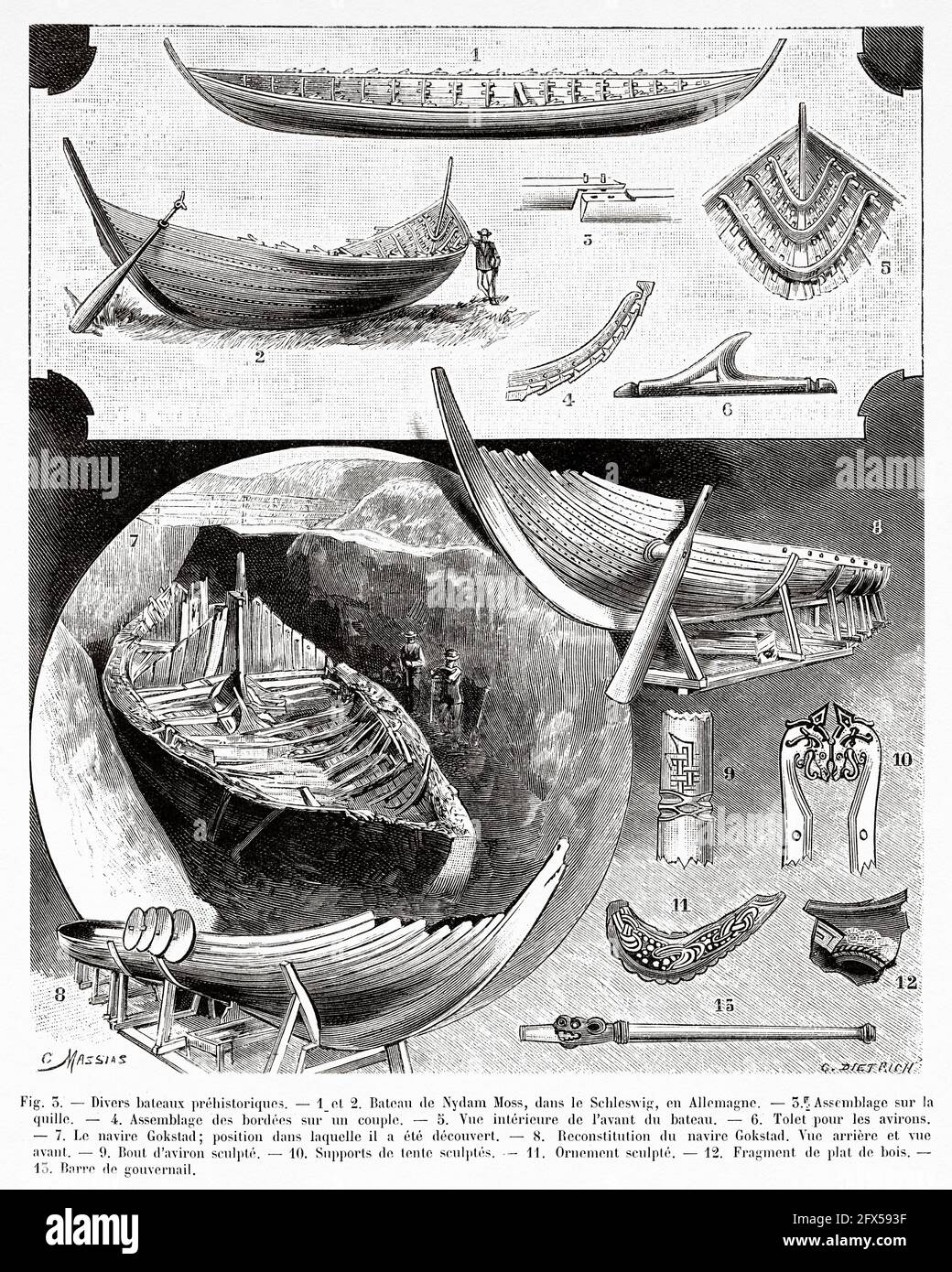 Barcos prehistóricos. 1-6 Buque de Nydam Moss en Schleswig, Alemania. 7- 13 Reconstrucción del buque Gokstd. Antigua ilustración del siglo 19th grabada de La Nature 1893 Foto de stock