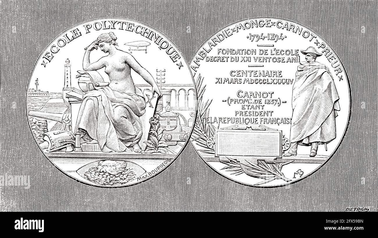Medalla conmemorativa del centenario de la Escuela Politécnica de Francia. Antigua ilustración del siglo 19th grabada de La Nature 1893 Foto de stock