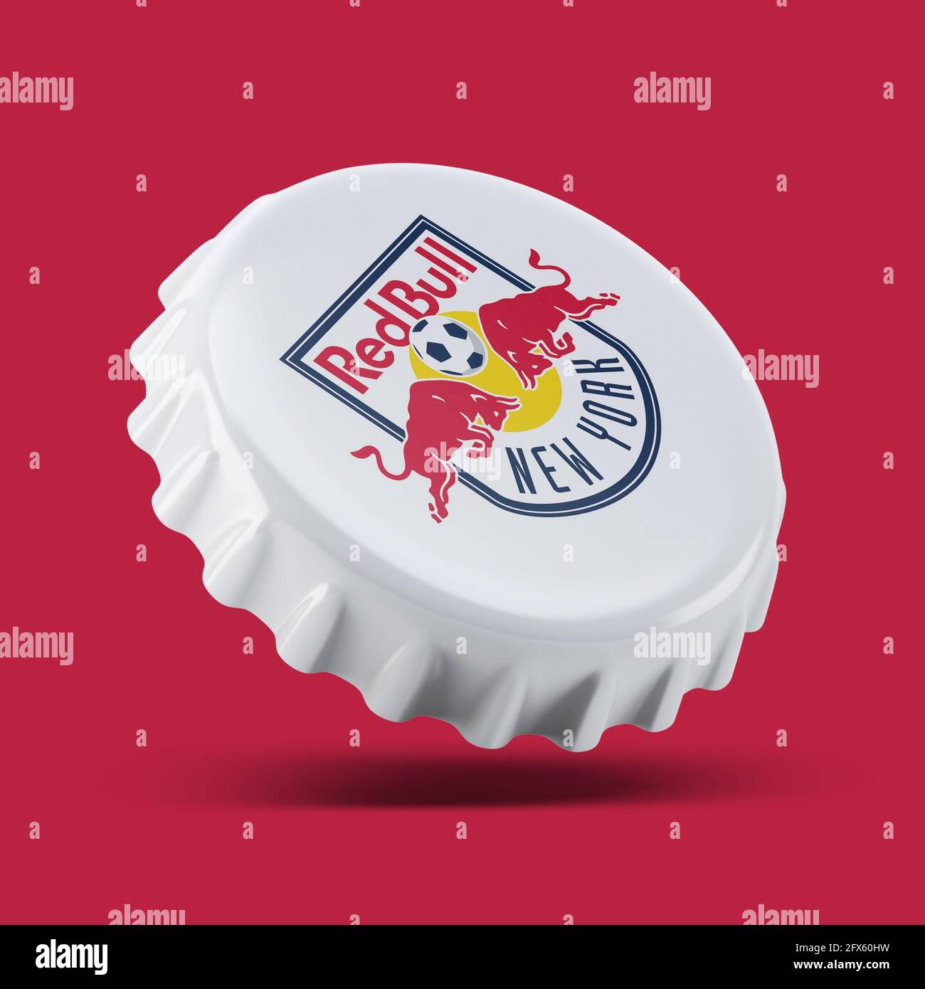 Madrid , ESPAÑA - 25 DE MAYO DE 2021: New York Red Bull 3D Renderizar el logotipo de tapa de botella realista en blanco, editorial ilustrativa Foto de stock