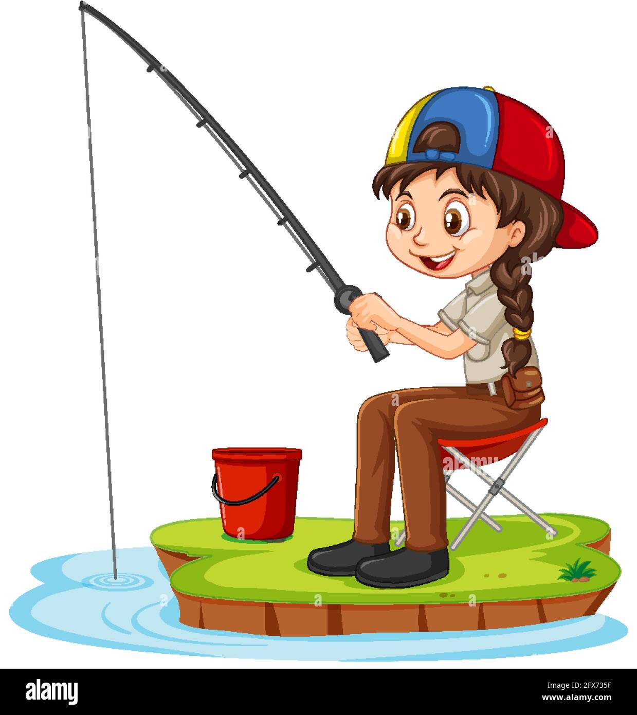 Un personaje de dibujos animados chica sentado y la pesca sobre fondo  blanco ilustración Imagen Vector de stock - Alamy