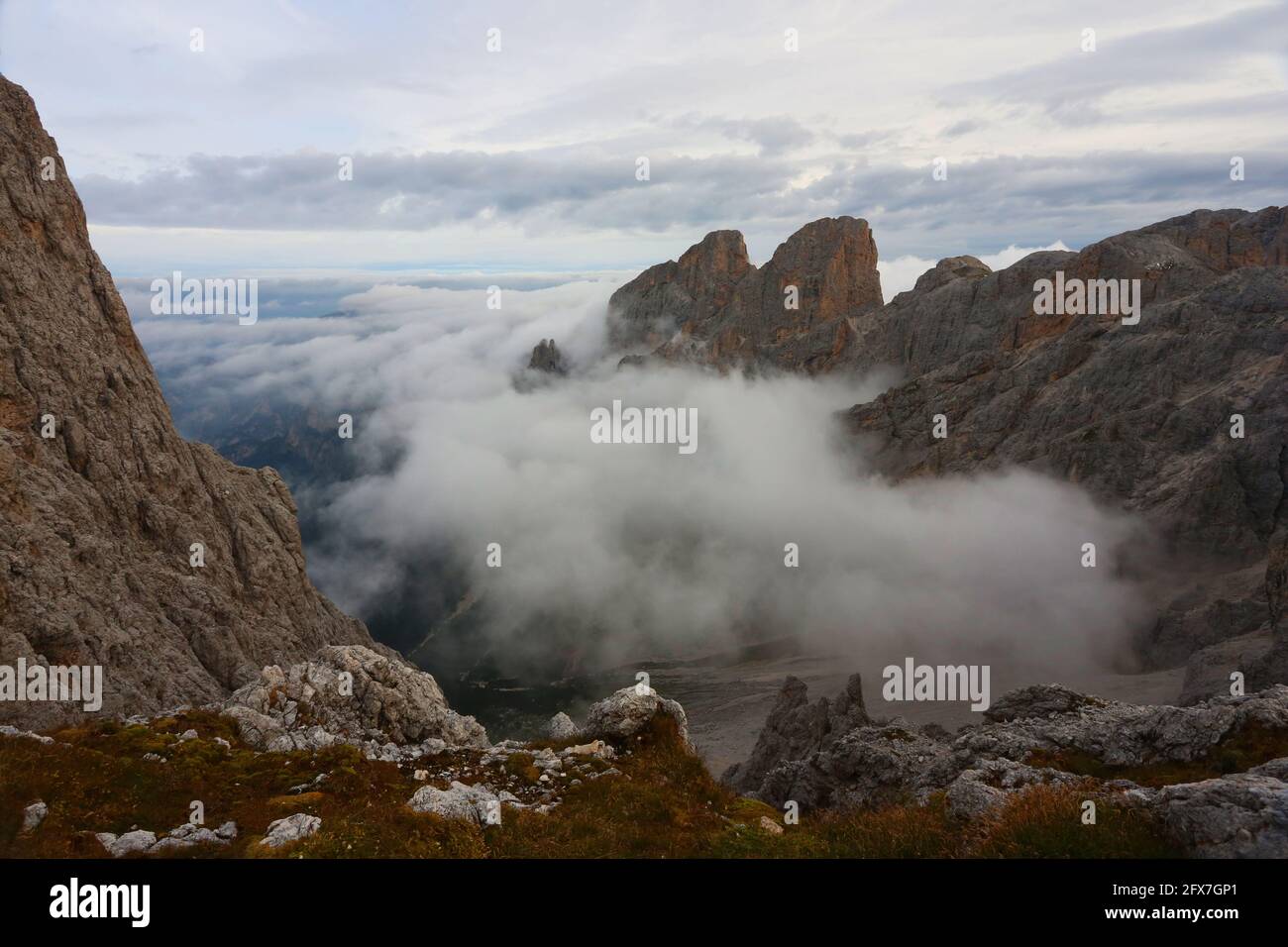 Herbst am Alpenpass Passo di Rolle mit dem Gipfel der Cima di Vezzana en Trentino en den Dolomitas en Italien Foto de stock