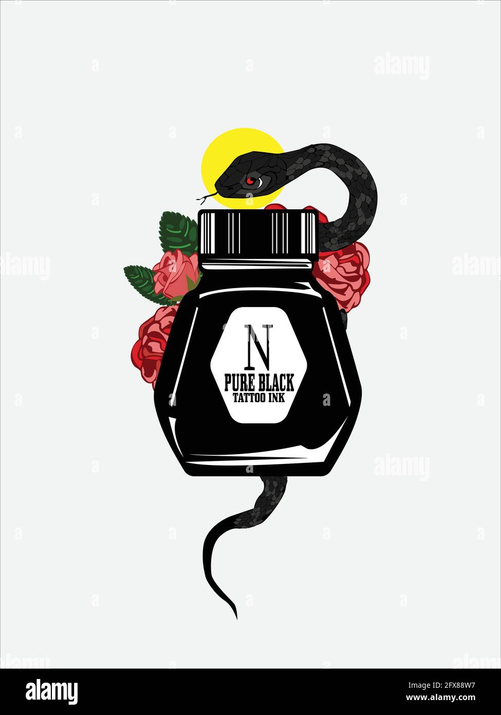 serpiente y rosas rojas con botella de tinta lista para el póster estampado de fondo y ropa Ilustración del Vector