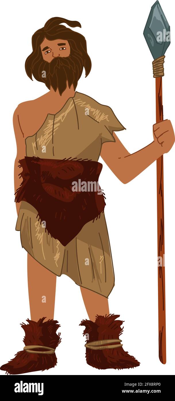 Hombre prehistórico con lanza, caveman con arma Imagen Vector de stock