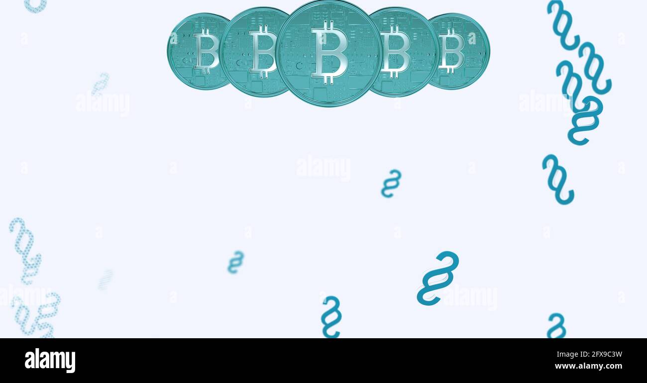 Composición de los bitcoins azules y símbolos de párrafo sobre fondo blanco Foto de stock