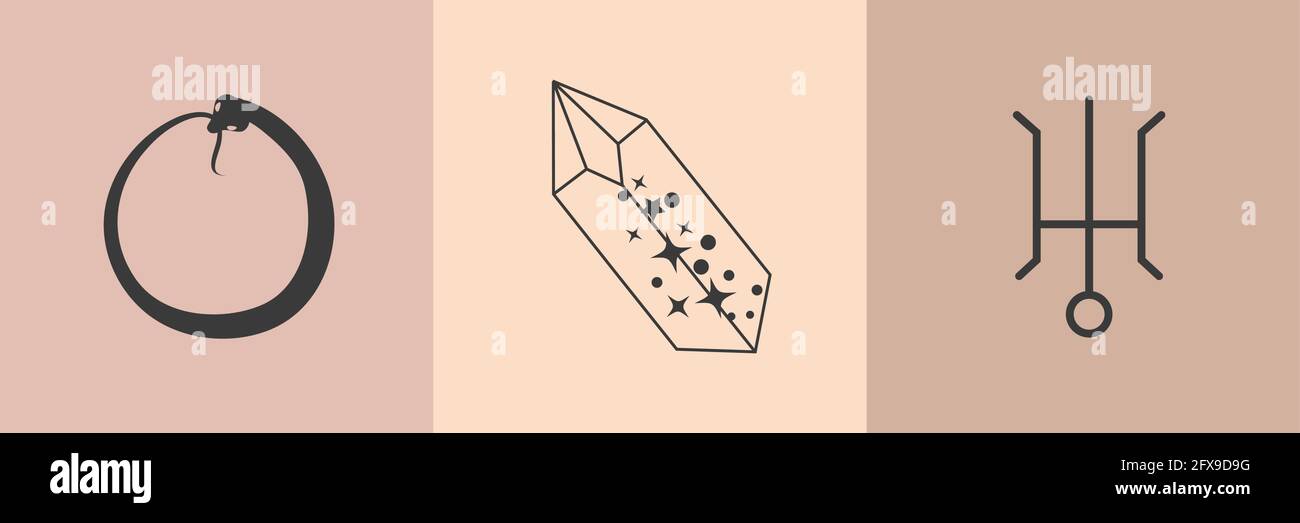 conjunto de elementos de diseño mágico de brujas. Dibujo a mano, fideos, boceto de mago colección. Símbolos de brujería. Perfecto para tatuajes, textiles, tarjetas, misterio Ilustración del Vector